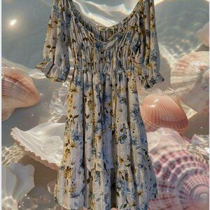 beige dress with blue and yellow flowers, size small